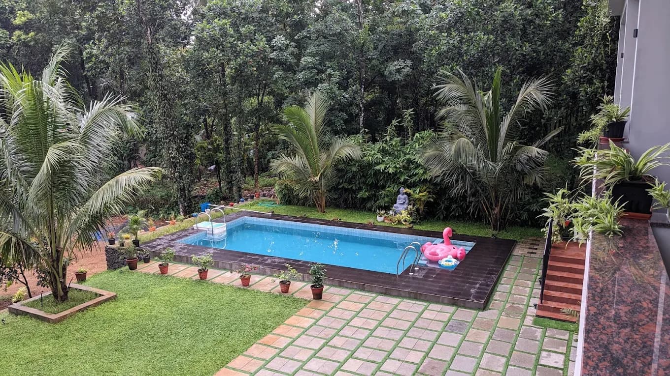 Pool with flamingo float and palms